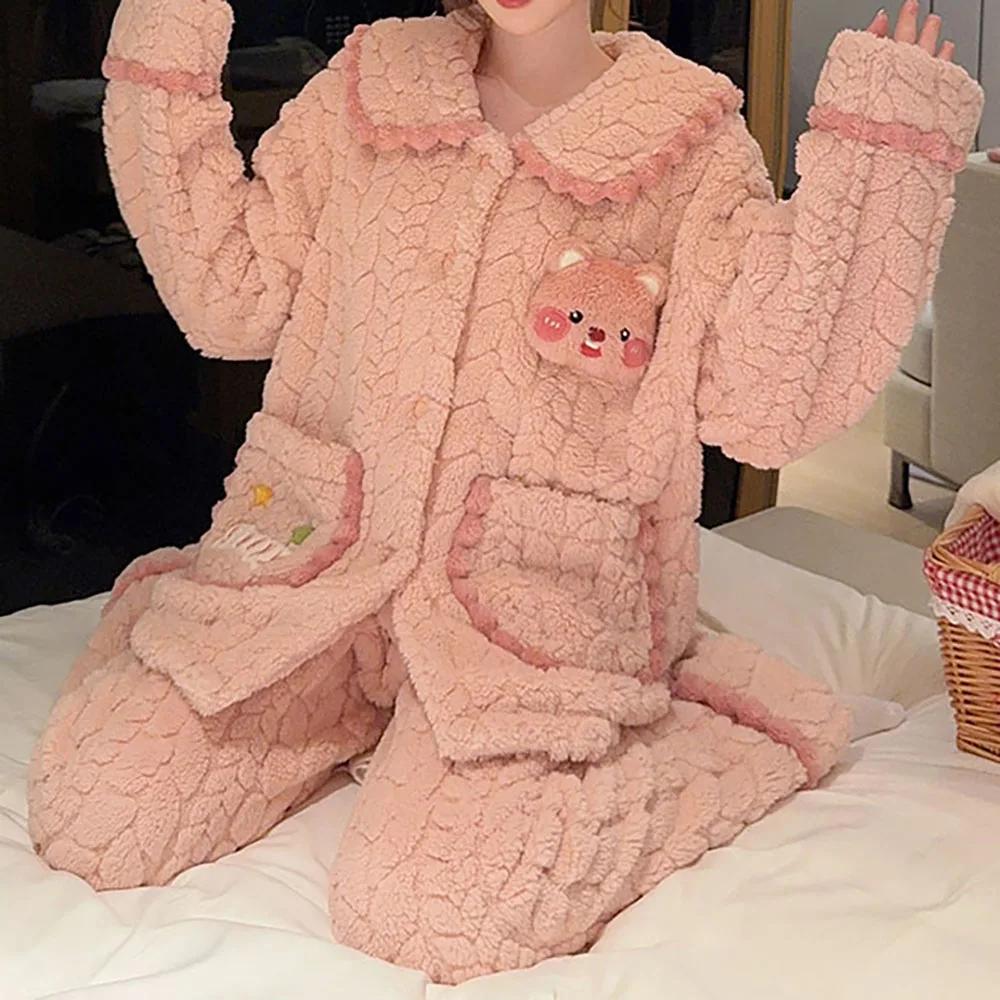 Winter Women's Warm Pajamas Set, Coral Velvet Pajamas, Flannel Thickened Cartoon Pajamas, Oversized Home Clothes, Oversized Pajamas
