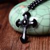 Natural Black Obsidian Carved Cross Lucky Pendant + Beads Necklace for Woman Man Crystal Jade Charm Gift Jewelry