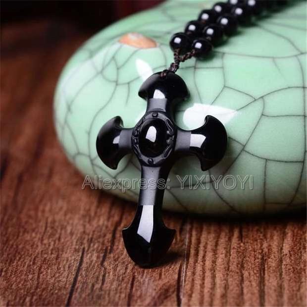 Natural Black Obsidian Carved Cross Lucky Pendant + Beads Necklace for Woman Man Crystal Jade Charm Gift Jewelry