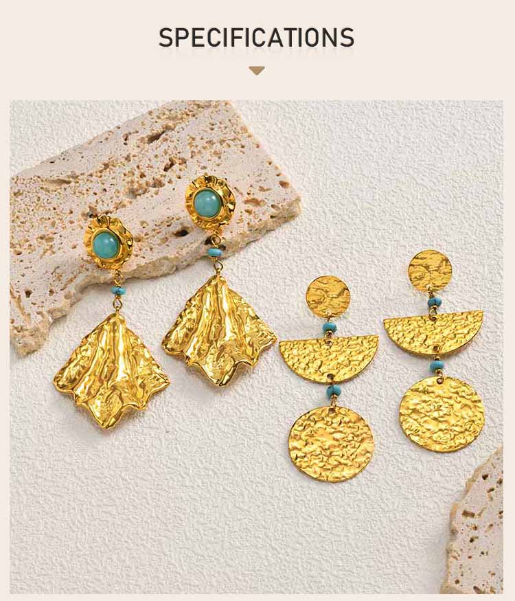 Vintage Drop Earrings 18K Gold Plated Stainless Steel Irregular Geometric Hammered Turquoise Dangle Ear Jewelry One Pair