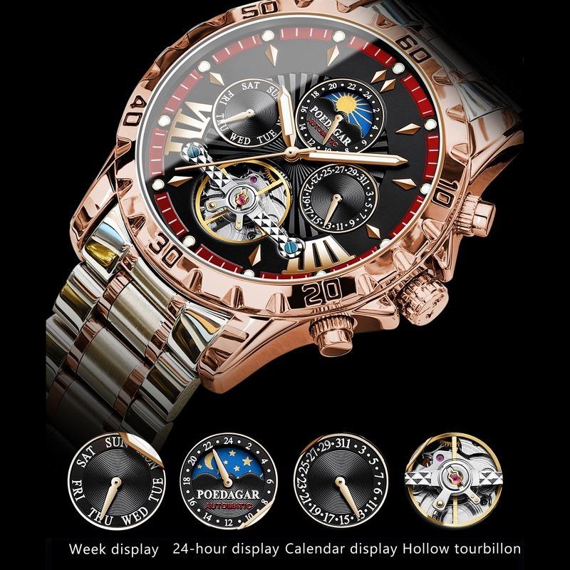 POEDAGAR Luxury Men Watch Luminous Waterproof Hollow Tourbillon Male Clock Week Date Business Automatic Mechanical Watches