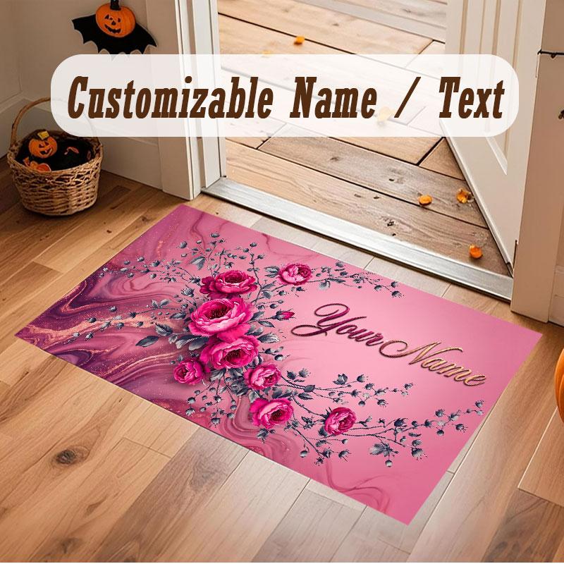 Floral Garden Theme Crystal Velvet Floor Rug Personalized Custom Name Text Warm Carpet Home Decoration
