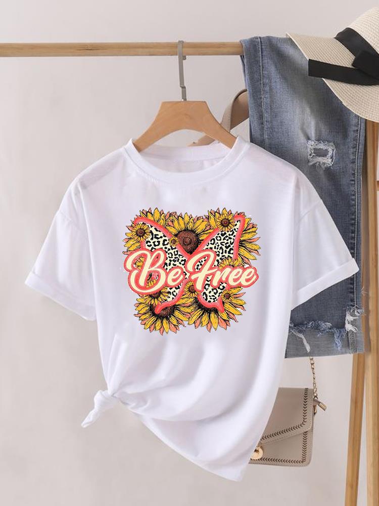 Kwiatek Słodki Trend lat 90. Uroczy Krótki Rękaw Nadruk Moda Graficzny T-shirt Kobiety Top Pani Damska Koszulka Tee Okrągły Dekolt Odzież Ubrania
