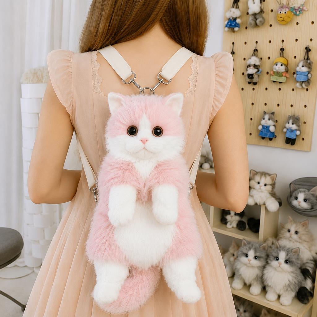 Cute Cat Backpack for Girls, Kawaii Plush Bag, Soft Animal Crossbody Bag for School, Travel & Daily Outfit