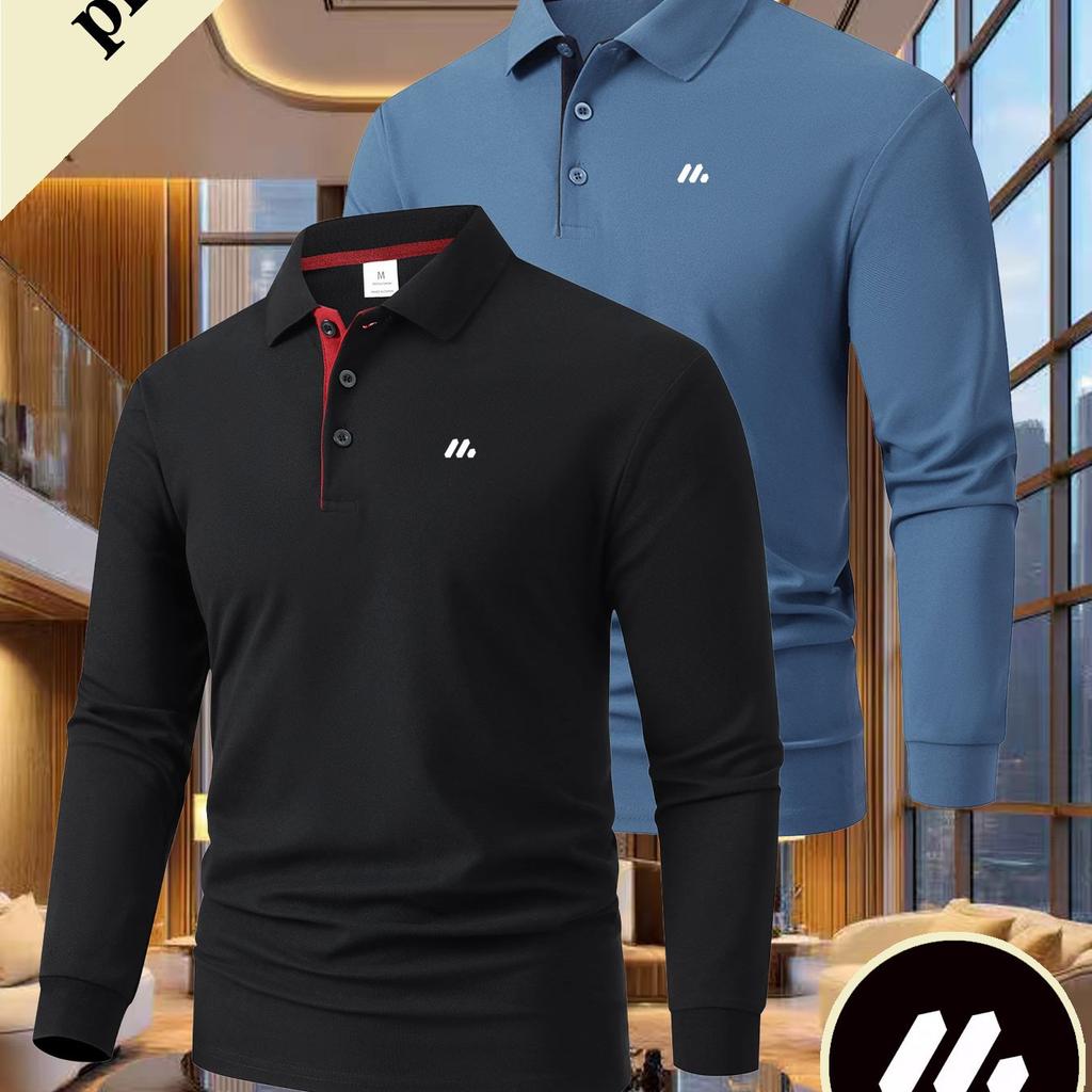 3 ks vysoce kvalitní pánská košile business casual, nová s dlouhým rukávem, prodyšné polo triko pro venkovní sporty jako golf, běh a hraní.