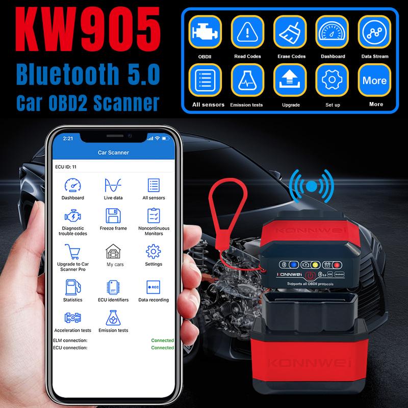 KONNWEI KW905 ELM327 V1.5 OBD2 Scanner Bluetooth 5.0 for IOS Android Car Diagnostic Tool ELM 327 V1 5 Code Reader Pk Vgate iCar2