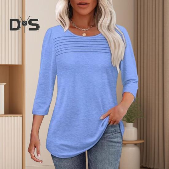 Damen-Oberteile, Rundhalsausschnitt, 3/4-Ärmel, plissierte Bluse, Frühling/Sommer, einfarbig, lockere Passform, lässiges T-Shirt für den Alltag