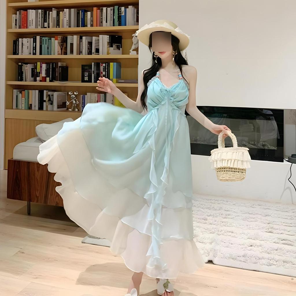 Mädchen Mint Mambo Dopamin Kleidung Trägerlanges Kleid Sommerliche Atmosphäre Urlaubsstil Design Fortgeschrittenes Temperament