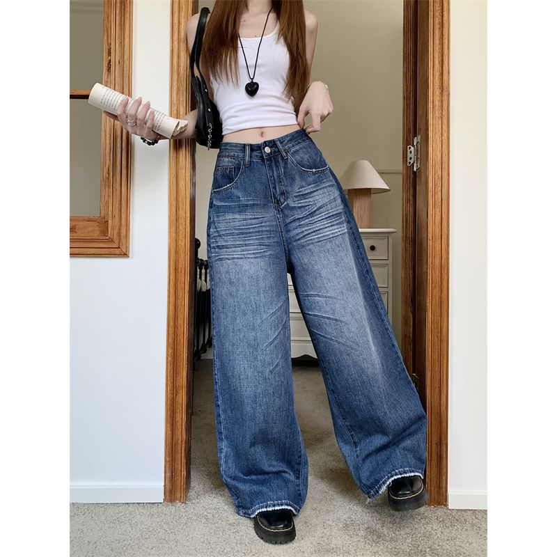 American Retro Washed Blue Denim Women's Autumn Loose All-Match Wide Leg Pants High Waist Straight Mopping Pants Pants