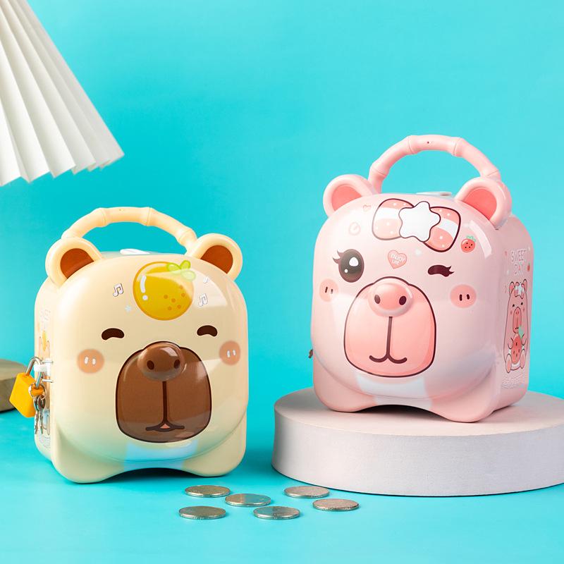 Capybara Cartoon Tin Money Box - Drop-proof Savings Bank for Kids and Students