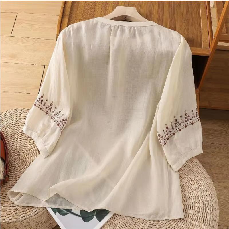 Damen Retro Baumwoll-Leinen Hemd für Frühling/Sommer: Lockeres, bauchbedeckendes Oberteil mit 3/4-Ärmeln für reife Frauen, bestickte Bluse