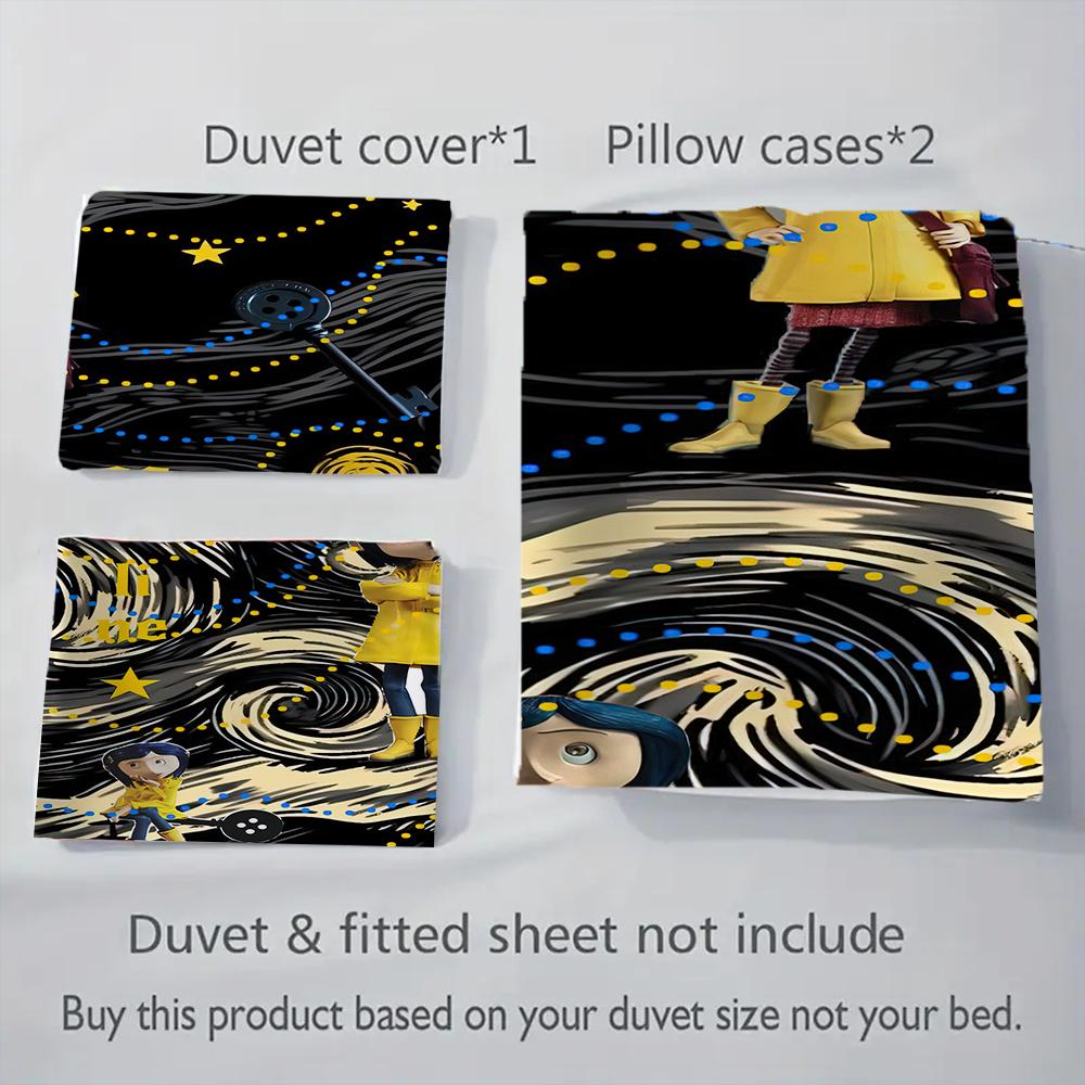 1PC Coraline Pattern Bedding Quilt Set Quilt Cover Pillowcase Home Decoration Birthday Gift (1 * Duvet Cover + 2 * Pillowcase, Without Core)