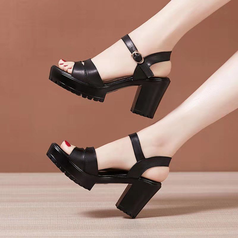 Soft Leather High-heeled Sandals Women's 2025 Summer New Mid-heel Thick Heel One-word Buckle with Fish Mouth Mother Shoes Fashion Women's Shoes