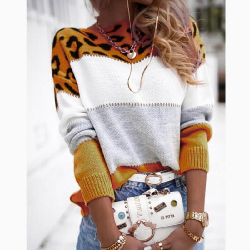 Striped Leopard Print Round Neck Pullover Sweaters Women Fashion Loose Vintage Knitted Sweater Woman Autumn Long Sleeve Casual Winter Clothing 25142