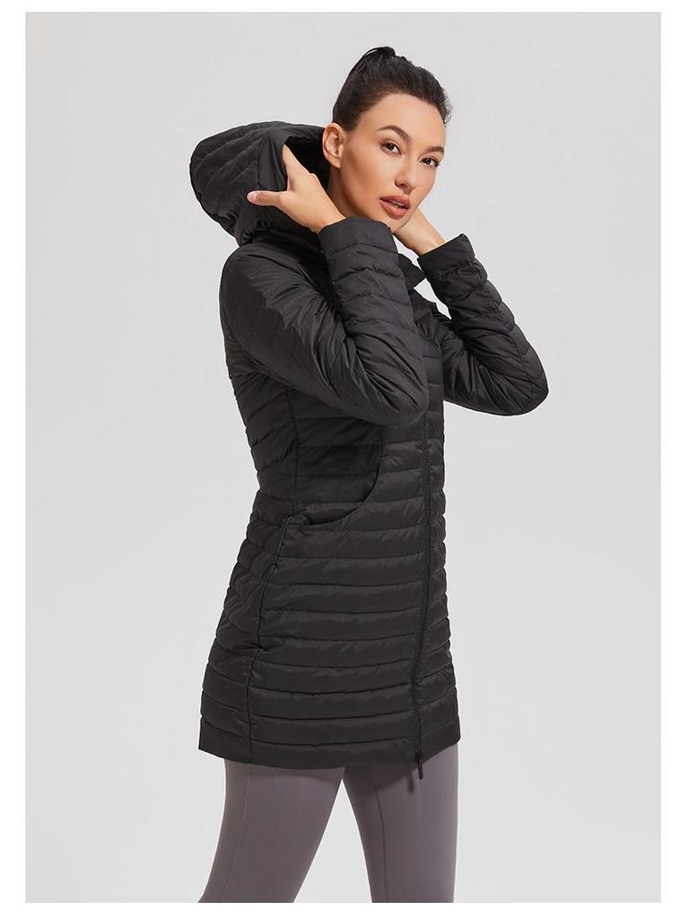 Lulu Women's Mid-Length Sporty Down Jacket: Windproof, Warm, Hooded, Zip Waist, Slimming Lightweight Coat for Autumn and Winter