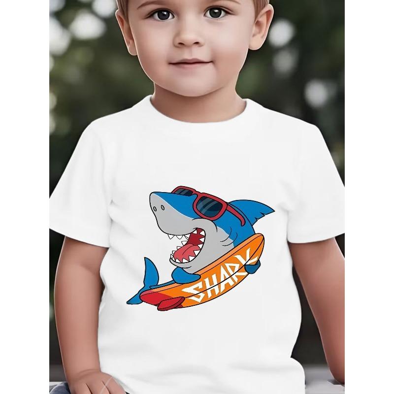 Boys Summer Crewneck T-Shirt, Cute Cartoon Shark Surfboard Print Breathable Short Sleeve Casual Tee 110