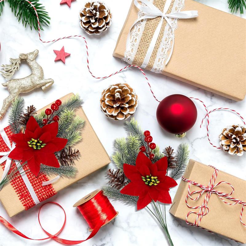 4pcs Artificial Christmas Pine Branches with Red Berries, Artificial Evergreen Branches, Classic Poinsettia Design, Perfect for Halloween, Christmas