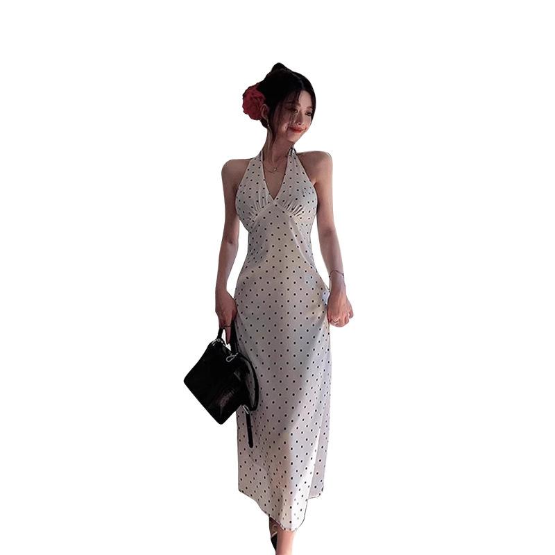 White Polka Dot V-neck Neck Dress Women's Summer New French Sexy Backless Temperament Medium and Long Skirt