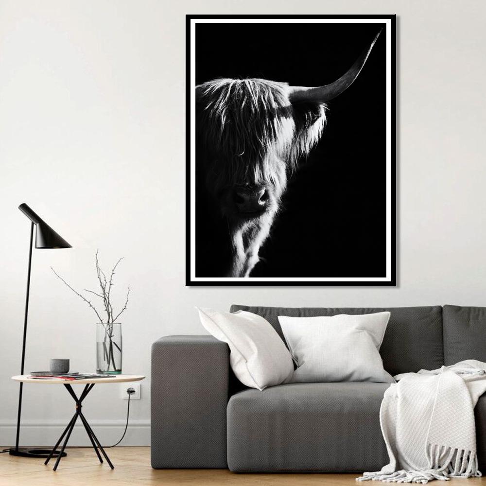 Black and White Highland Cow Cattle Canvas Painting Scandinavian Posters Prints Wall Art Picture for Living Room Decor Cuadros