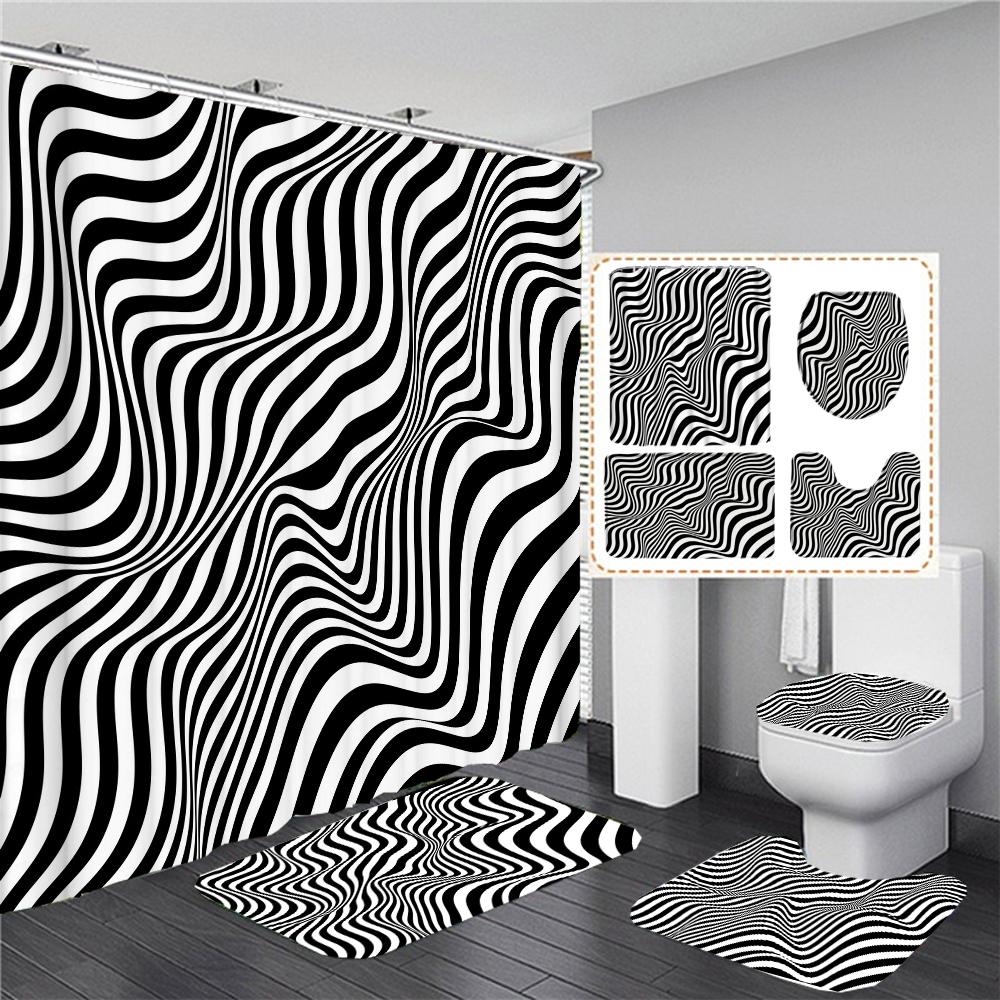 Black White Geometric Stereoscopic Fabric Shower Curtain Bathroom Curtains Set Anti-Skid Rugs Toilet Lid Cover Bath Mat Carpet