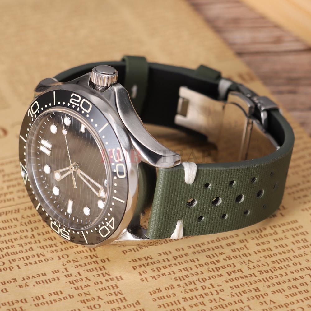 Sailcloth Watchband for Omega Business Cowhide Watch Band for Seiko 22mm 20mm Butterfly Buckle Stitching Brown Strap for Men