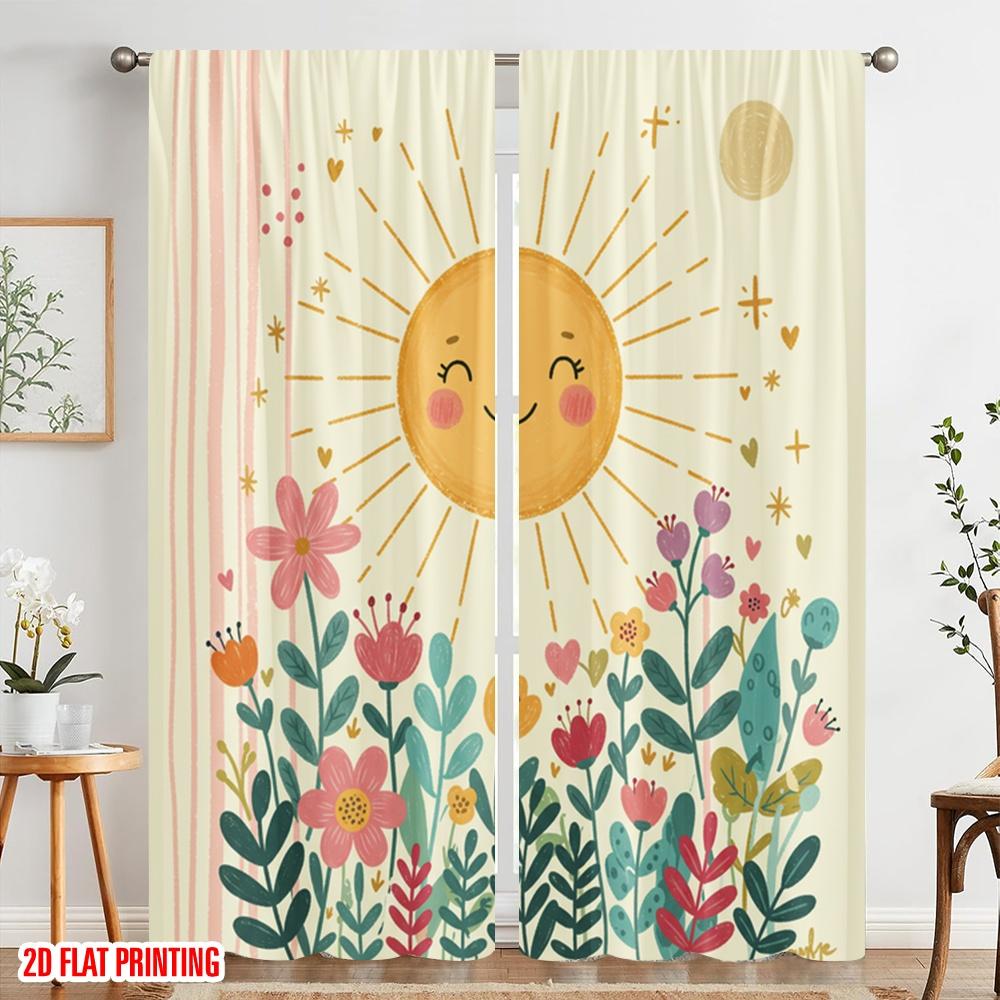2pcs 2D Flat Printing Window Curtains Cute Sun Flower Starlight Polyester Without Electricity All Season Party & Holiday Decor