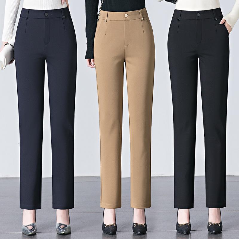 Women's High-Waisted Stretch Baguette Pants: Cotton-Blend Straight-Leg Cigarette Pants, Spring 2025 Casual Wear for Middle-Aged Moms.