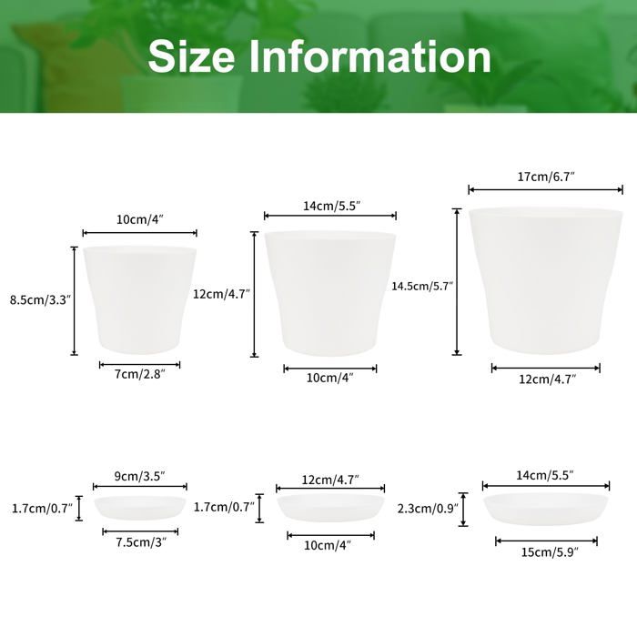 Lot de 8 pots de fleurs plastique 17 cm - cache-pots percés avec soucoupes, drainage, blanc