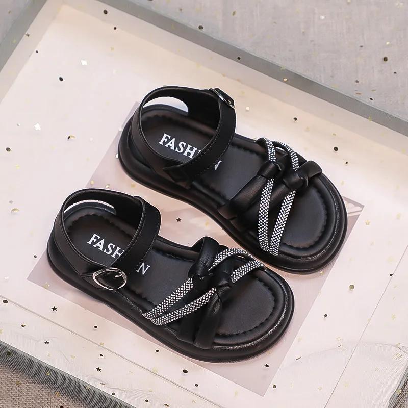 Girls' Minimalist Sandals Chic 2024 New Kids Versatile Princess Sandals for Vacation Girls Rhinestone Fairy Style Beach Shoes