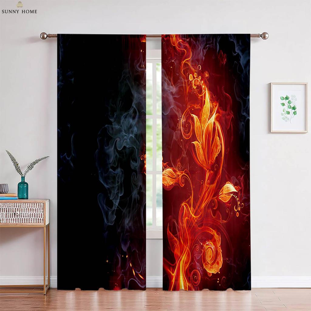 Flame Skull 3D Printed Curtains Cool Black Curtains Living Room Kitchen Bedroom Decorative Curtains Easy To Wash And Care 2 Pcs