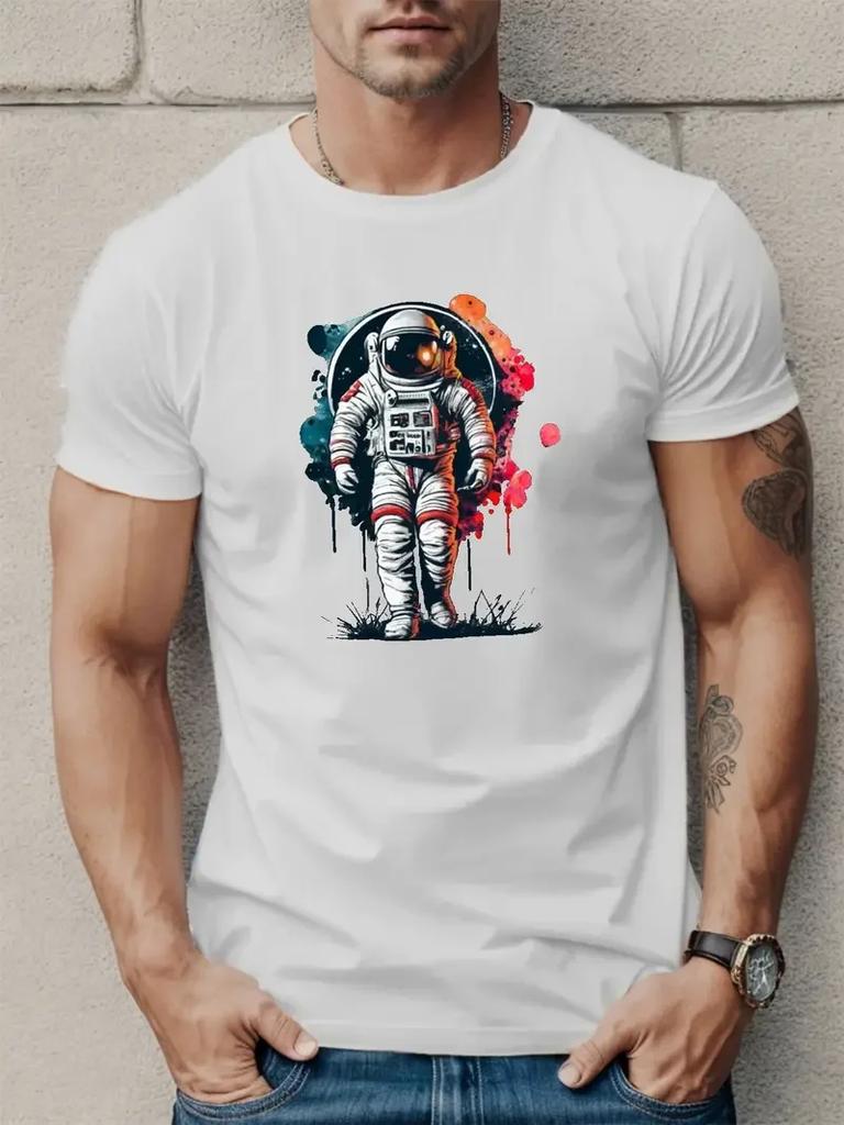 Unisex Astronaut Mond Stern Print Kurzarm T-Shirt, Rundhals T-Shirt Freizeitkleidung, Sommerurlaubsgeschenk