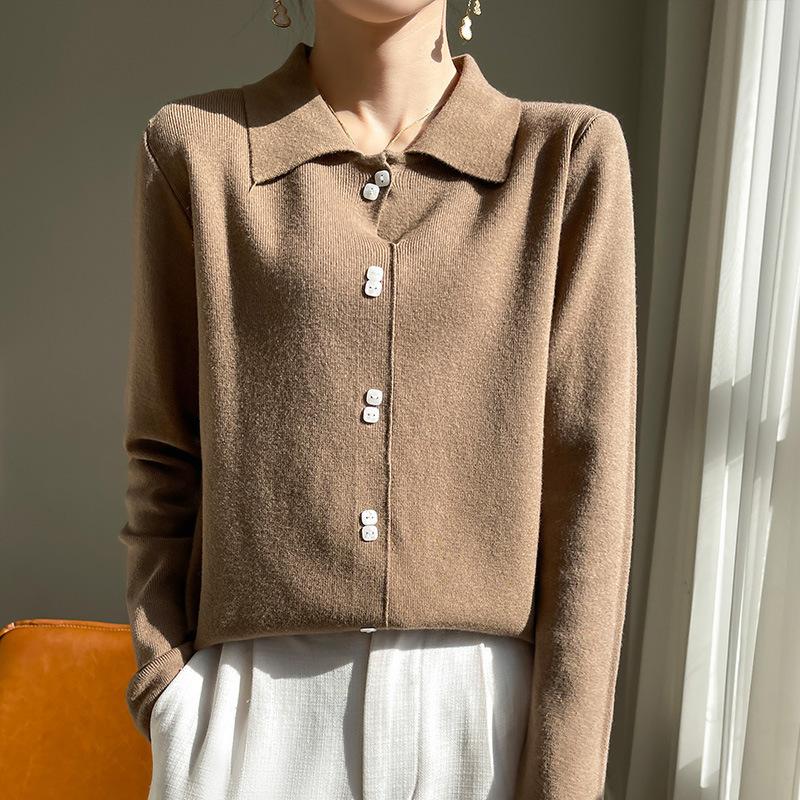 Spring and Autumn Women's Polo Neck Long Sleeve Knit Sweater Outer Wear Fashionable Casual Simple Bottom Shirt Tops