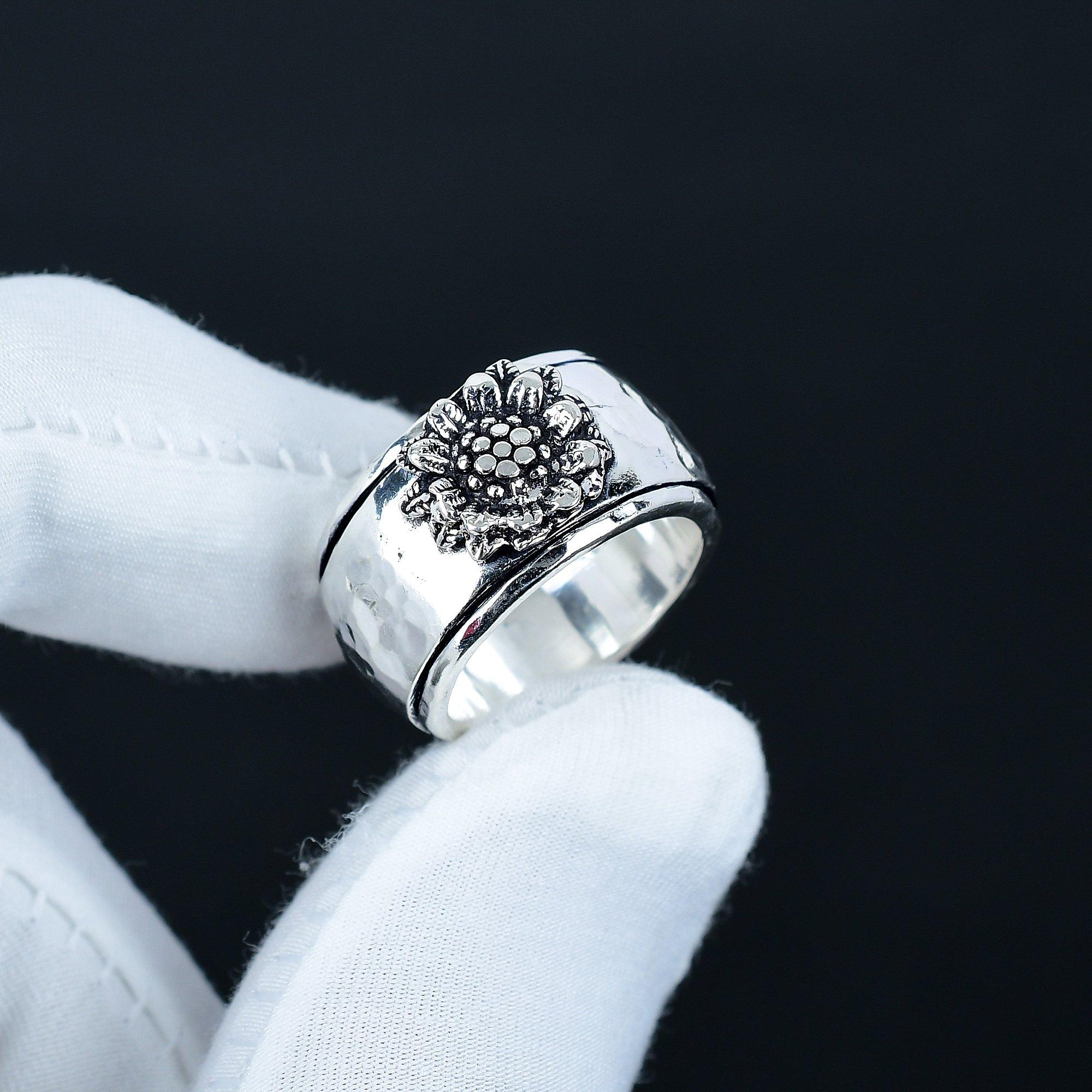 

Кольцо-банда с цветочным дизайном, Унисекс кольцо-спиннер, Медитативное кольцо-спиннер, Ювелирное изделие из стерлингового серебра 925 пробы, Подарок ручной работы, Кольцо обещания для девушки US 16 серебряный