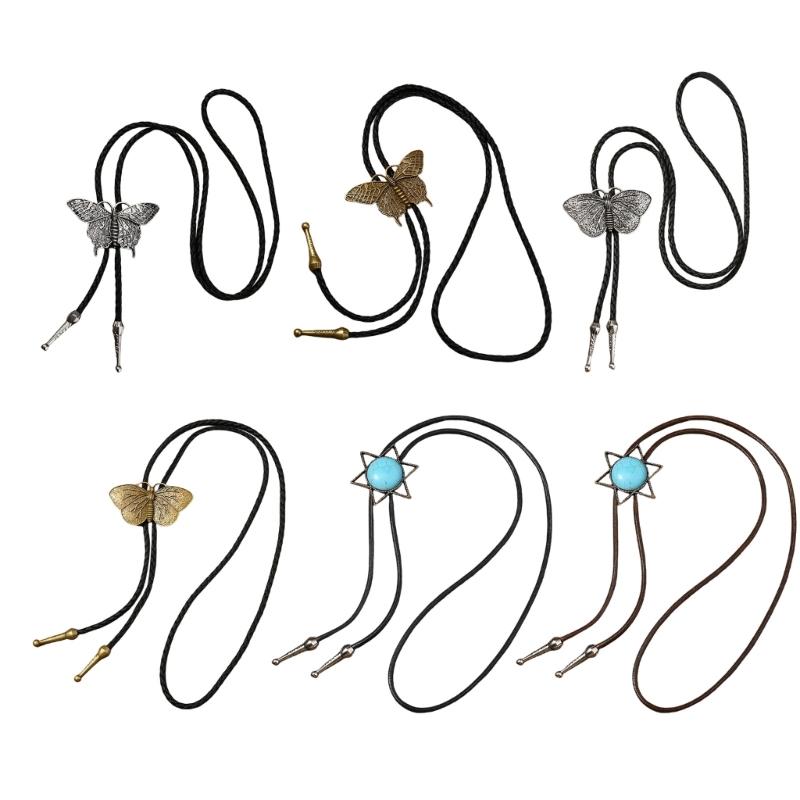 Bolo Tie Cowboy Costume Accessory for Men and Women Adjustable Length Vintage Metal Butterfly Pendant Necktie Necklace