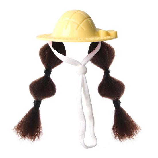 Small Pet Sun Hat Hamster Hat with Double Braids Elastic Strap Adjustable Hat with Wig for Budgies Parrots Roosters Guinea Pigs