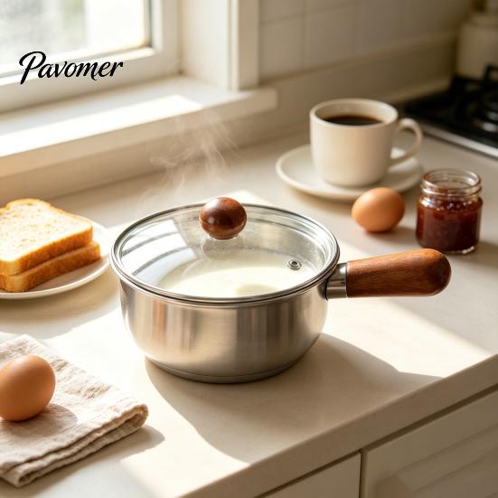 Nonstick Milk Pot with Wooden Handle Instant Noodle Lid And Handle, Stainless Steel Non-Stick Coated Induction Compatible Saucepan for Dorms