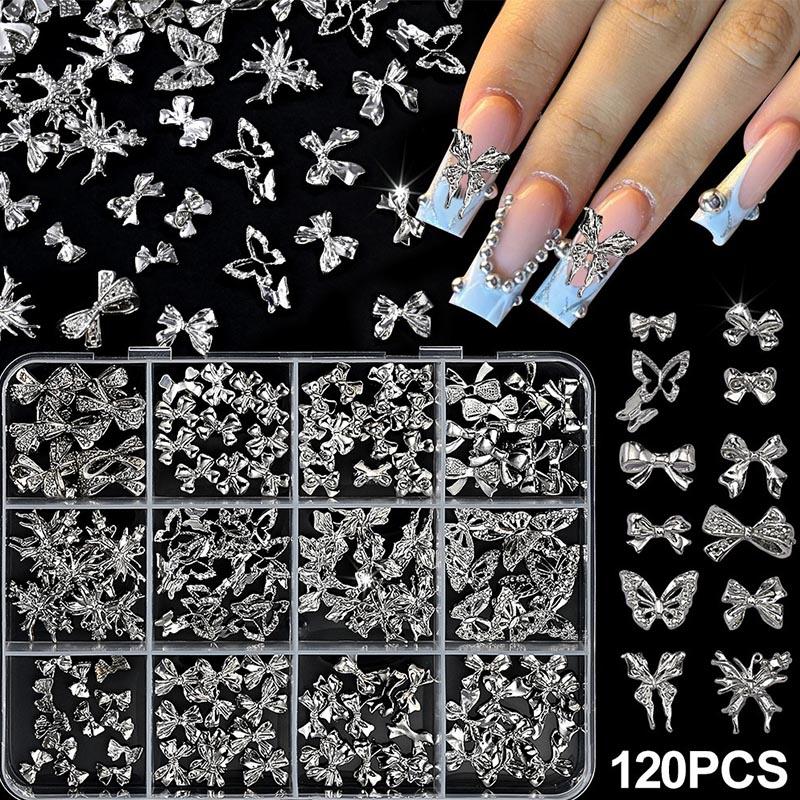 120pcs Bow Charms Nails Rhinestones for Nails Rhinestones Crystal Mini Ribbon Parts Nail Art Supplies MJZ11