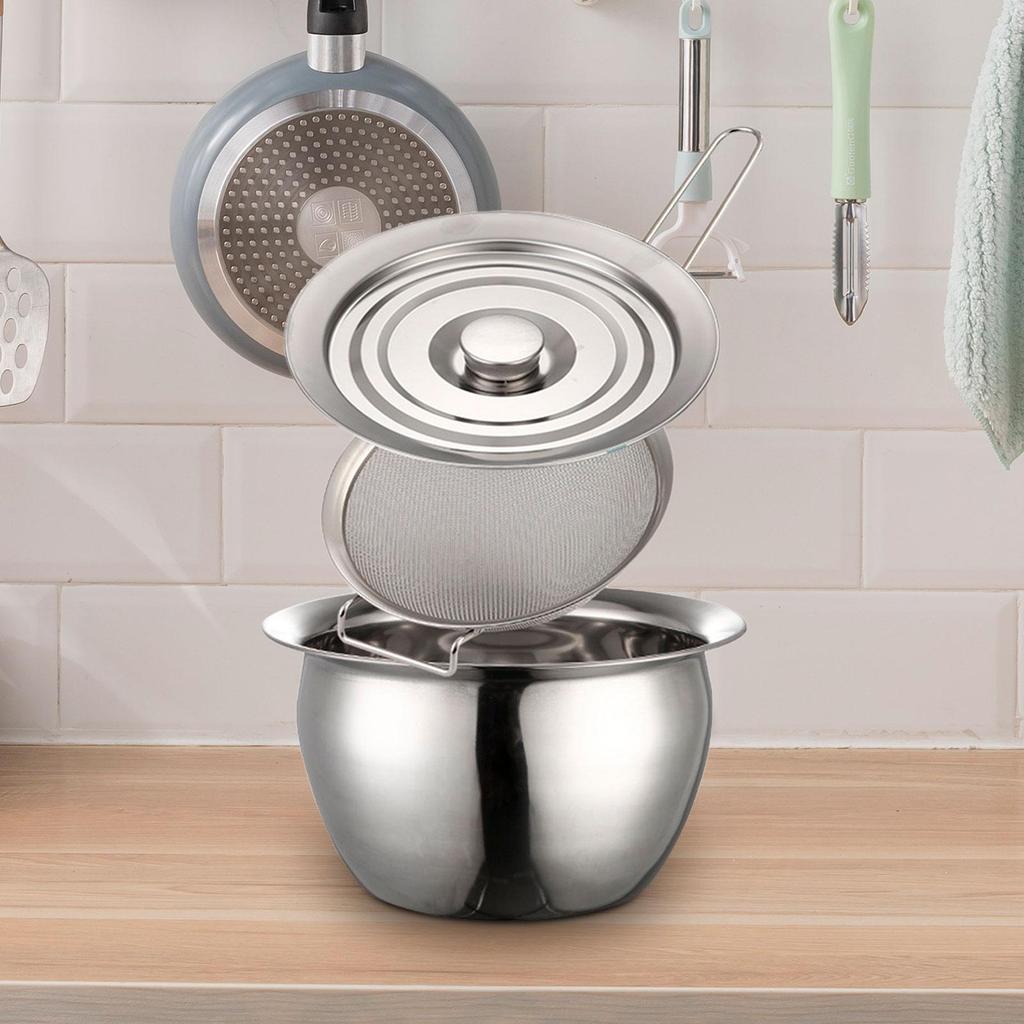 304 Stainless Steel Grease Container Can with Filter and Lid Dustproof Multifunction Oil Pot