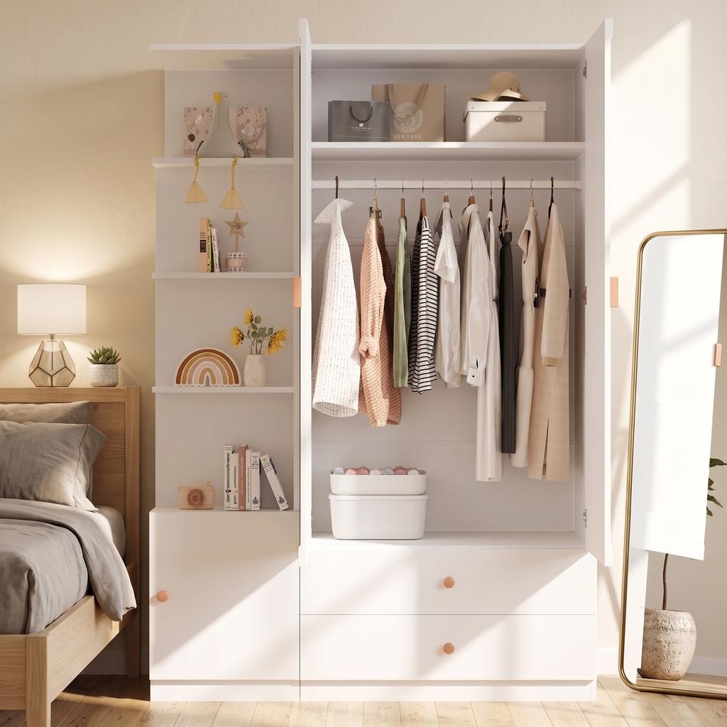 Wardrobe, White, 200 x 135 x 45 cm, hinged-door, 2 clothes rails, 2 drawers, 4 solid wood handles, storage, bedroom, children's room, hallway, office