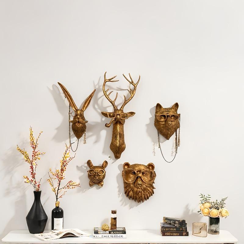Set di 5 Decorazioni Murali Animali in Resina Vintage con Teste di Orso, Cervo, Topo, Volpe e Coniglio Decorazione per la Casa Interna, Decorazione Festiva