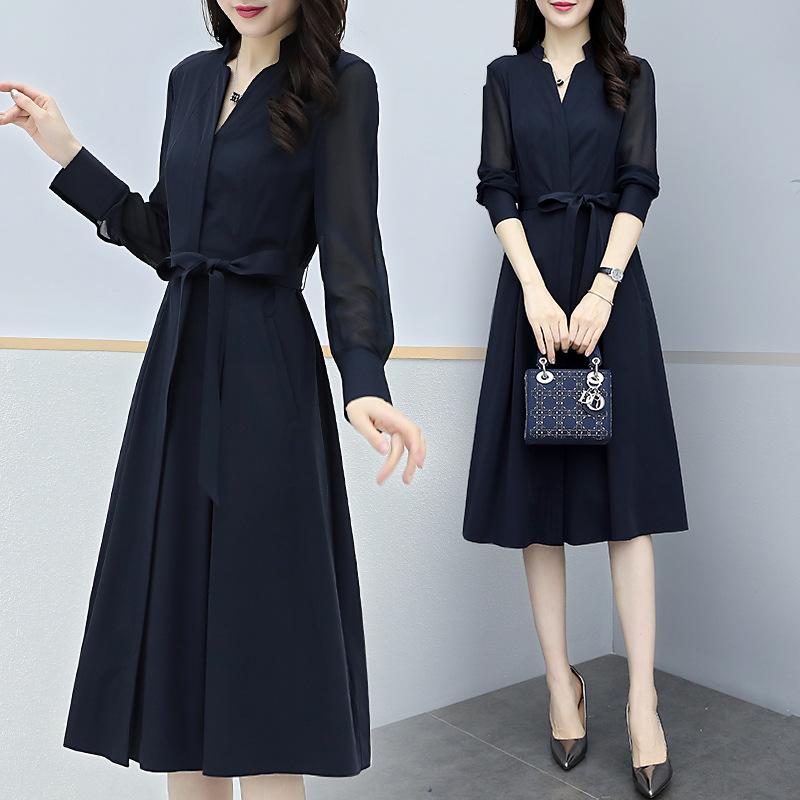 Jarní a podzimní šaty s dlouhým rukávem Módní Dámské Úzká sukně Výstřih do V Pas Pas