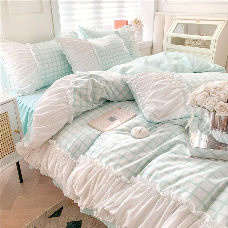 

Korean Style Princess Bedding Set Luxury Pink Lattice Duvet Cover Ruffles Lace Bedspread Bed Sheet Pillowcases Flat Bed Sheet&for 1.5m bed 3pcs зелений