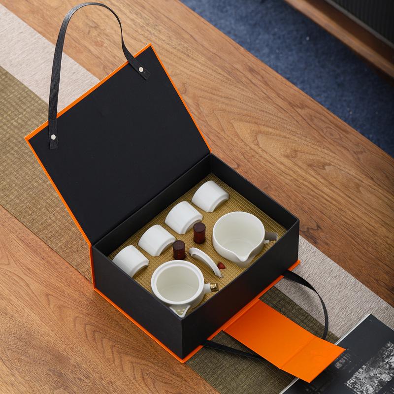 Suet jade white porcelain side handle pot tea set gift box gift business gift
