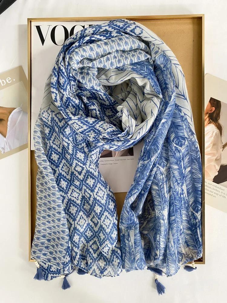 Retro Artistic Cotton Linen Scarf Women's Summer Sunscreen Awl Travel Photoaphy Beach Towel Multi-Functional Lon...