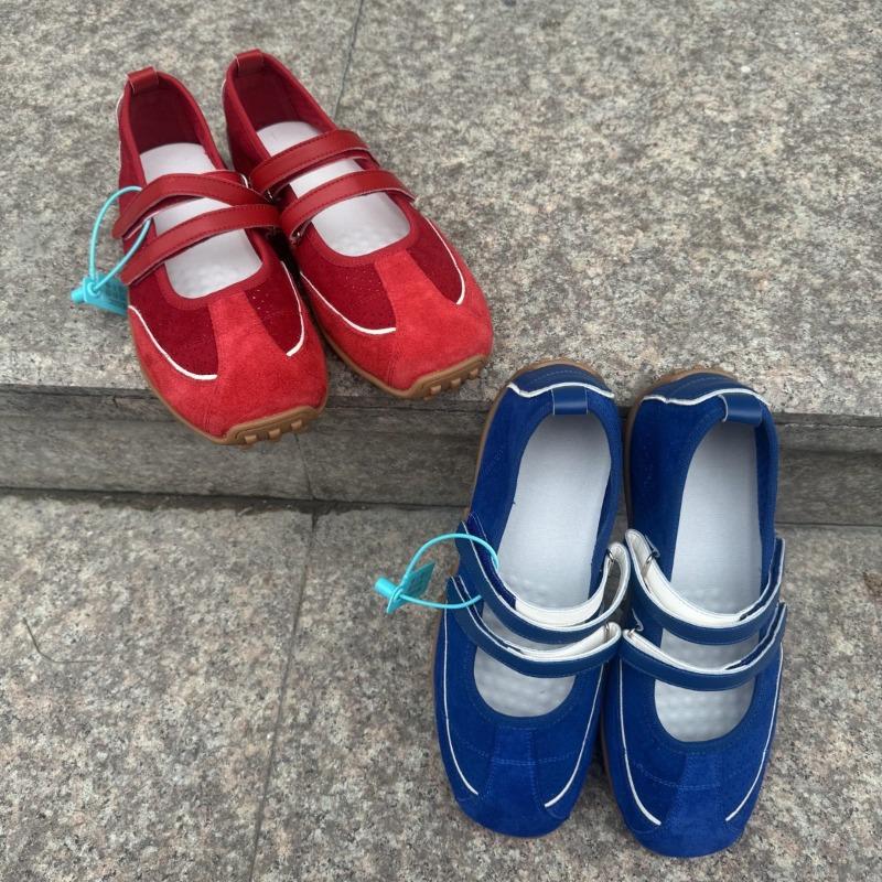 Leather red mesh light mouth double belt ballet shoes women's retro inner height increase versatile fashion Mary Jane shoes children