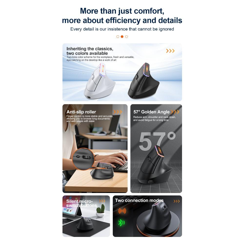 RGB luminous mouse ergonomic design vertical vertical Bluetooth BT + 2.4G dual-mode Bluetooth wireless mouse