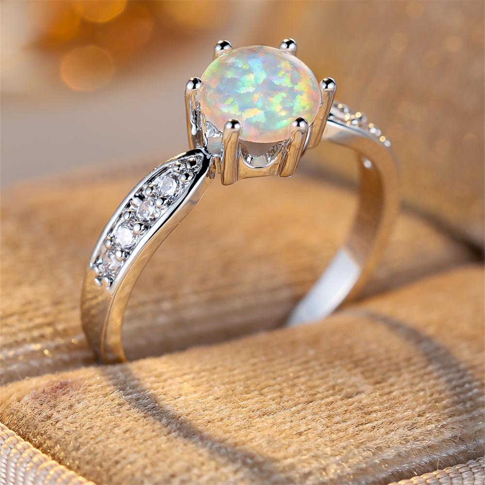 Classic Six Claw Round Stone Engagement Ring White Blue Opal Birthstone Jewelry For Women Trendy  Color Wedding Band Gifts