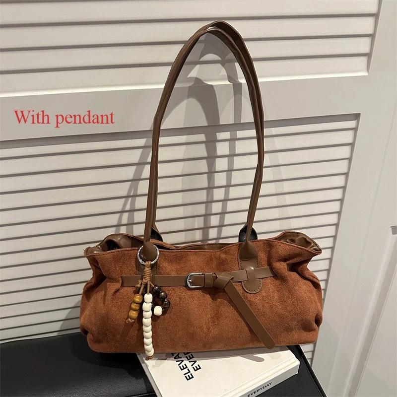 Vintage Belt Design Suede Shoulder Bags for Women Autumn Versatile Ladies Classic Handbags Large Capacity Female Tote Bag