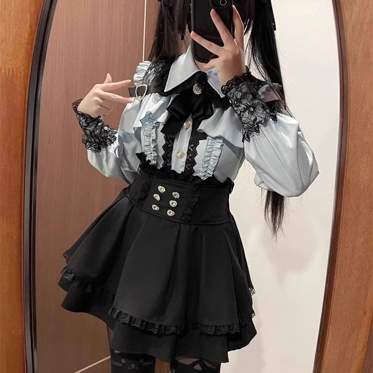 Japonský černý set krátkých sukní Gotické volánové minisukně Sexy krajkové košile Lolita šaty Y2k Estetický oblek