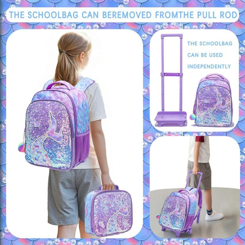 3PCS Kids Rolling Backpack for Girls Cute Mermaid Sequin Wheeled Backpack Trolley School Bag with Wheels Elementary Book bag